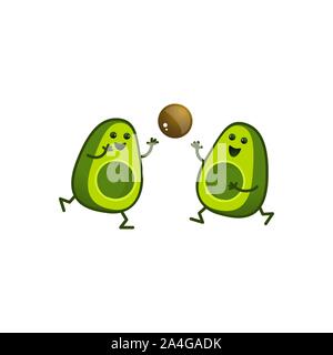 Cartoon caratteri di avocado giocare a palla. Un kawaii avocado tagliati a metà è uno sport. Uno stile di vita sano illustrazione Illustrazione Vettoriale