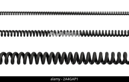 3D rendering di tre diverse dimensioni di cavi a spirale in PVC nero su uno sfondo bianco. Cavo di comunicazione. Linee a bassa tensione. Connessione telefonica. Foto Stock