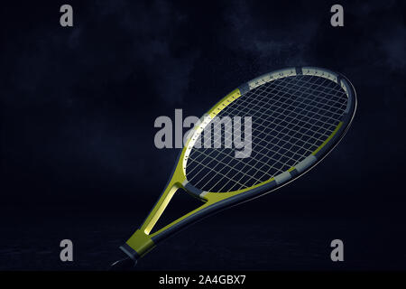 3D rendering di un giallo e nero professional racchetta da tennis appeso in Spotlight su uno sfondo bianco. Foto Stock