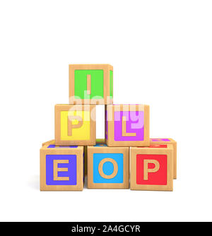 3D rendering del giocattolo colorati blocchi con diverse lettere inglesi isolato su uno sfondo bianco. Foto Stock