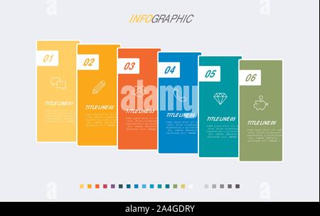 Schema colorati, modello infografico. Timeline con 6 opzioni. Processo del flusso di lavoro per il business. Il design del vettore. Illustrazione Vettoriale