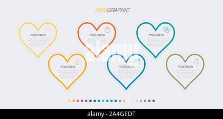 Modello infografico. 6 cuori design con bellissimi colori. Vettore di elementi di sequenza temporale per le presentazioni. Illustrazione Vettoriale