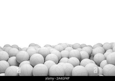 3D rendering del bianco molte Palle da pallavolo giacente in una grande pila su uno sfondo bianco. Foto Stock