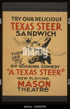 Provate la deliziosa Texas steer sandwich, quindi vedere il rip scoppiettante commedia un Texas steer Foto Stock