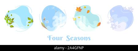 Four seasons sky round concetti. Il fogliame di primavera, estate tarassaco blowball, Autumn Fall leaf, fiocchi di neve in inverno. Design piatto per modello di vendita stagionale banner, calendario, poster. Isolate i telai del cerchio Illustrazione Vettoriale