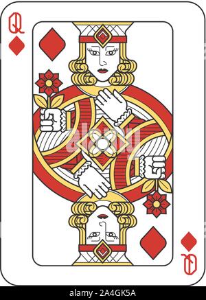 Carta da gioco Regina diamanti rosso giallo e nero Illustrazione Vettoriale