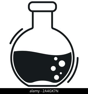 Nero semplice pallone di vetro silhouette con liquido chimico e bolle piatto icona design isolato su sfondo bianco. Illustrazione Vettoriale del laboratorio Illustrazione Vettoriale