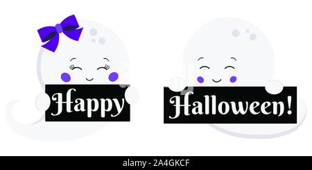 Clipart vettoriali illustrazione stile cartoon design piatto kawaii carino, poco, scary baby un ragazzo e una ragazza fantasma con nero happy Halloween piastre isolate su Illustrazione Vettoriale