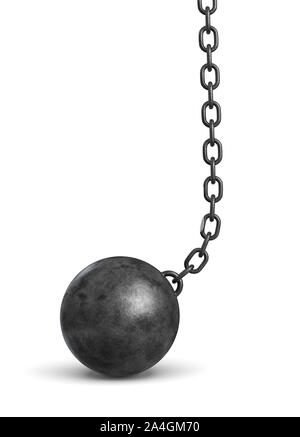 3D rendering di un nero ferro Wrecking Ball sdraiato sul pavimento ancora attaccato a una catena. Foto Stock