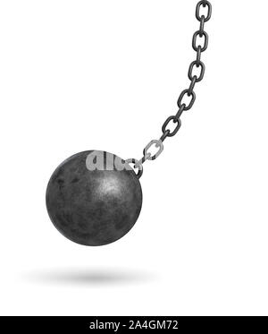 3D rendering di un nero scuro Wrecking Ball pendente da una catena ed oscillante su un lato. Foto Stock