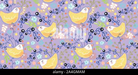 Vettore senza giunture di arte popolare zucchero stile bird pattern con grazioso uccello giovane in toni pastello. Divertente e felice design per bambini usura, nursery, home decor. Illustrazione Vettoriale