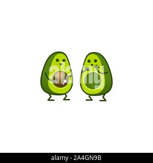 Funny happy carino sorridenti paio di avocado. Isolato su sfondo bianco. Illustrazione Vettoriale