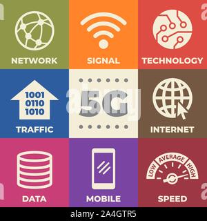 5G concetto con icone e indicazioni Illustrazione Vettoriale