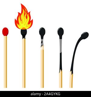 Corrisponde a gradi variabili di bruciare il design piatto icon set. Illustrazioni vettoriali matchstick masterizzazione sul fuoco, bruciato matchstick, partita resto isolato o Illustrazione Vettoriale