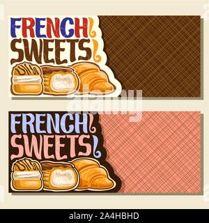 Banner di vettore per i dolci francesi con copia spazio, volantini per Parigi Pasticceria Cafè con spazzola originale carattere tipografico per parole dolci francesi, choux passato Illustrazione Vettoriale