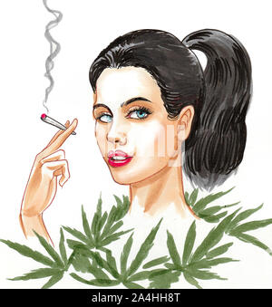 Pretty Woman fumare marijuana giunto. China e acquarello illustrazione Foto Stock