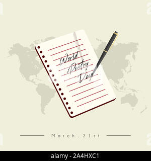 World Poetry Day il 21 marzo con la penna scrivendo 'World Poetry Day" di testo su un foglio di carta Foto Stock