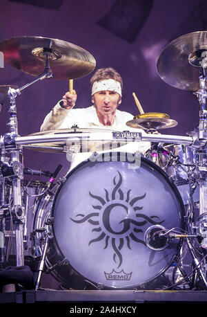 Ottobre 13, 2019, Ontario, CA, U.S: Shannon Larkin, tamburi per Godsmack 2019 Autunno Tour Ottobre 13th, 2019 in Ontario, California alla Toyota Arena (credito Immagine: © Dave Safley/ZUMA filo) Foto Stock