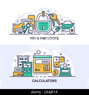 Le chiavi e le serrature e calcolatrici modello di pagina di intestazione Illustrazione Vettoriale