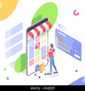 Acquisto online. Isometrica smartphone Smart shopping on line concept. Smartphone trasformato in negozio internet. Mobile Marketing e di e-commerce Illustrazione Vettoriale