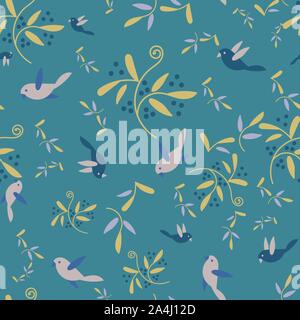 Vettore di seamless pattern con uccelli, rami e bacche su uno sfondo blu Illustrazione Vettoriale