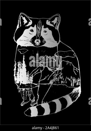 Bianco e nero illustrazione di un procione, montagne e foreste in esso. Doppia esposizione. Gesso su una lavagna. Illustrazione Vettoriale