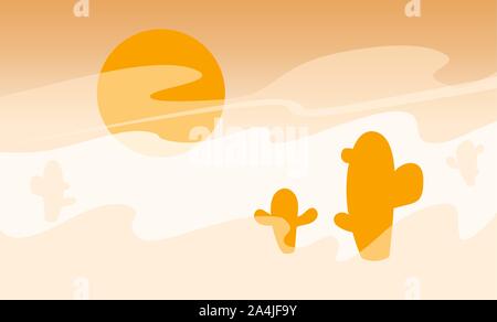 Il paesaggio del deserto banner con cactus, big orange sun, tempesta di sabbia. Bellissimo appartamento Sahara siccità illustrazione al tramonto. Cartoon wild west texas. Deserto vista la natura. Hot sands spazio vuoto concetto vettoriale. Illustrazione Vettoriale