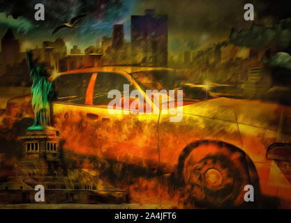 Pittura surreale. New York taxi. Statua della Libertà. Foto Stock