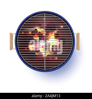 Round blue open grill barbecue. Vista dall'alto. Realistico illustrazione vettoriale. Carboni Ardenti. Illustrazione Vettoriale