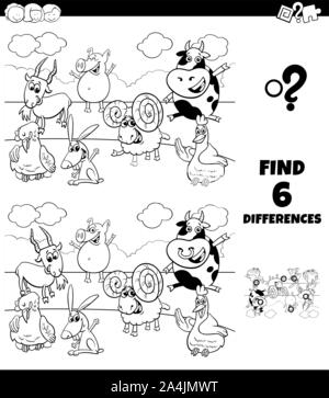 Bianco e Nero Cartoon illustrazione di trovare le differenze tra le immagini del gioco educativo per bambini con Funny Farm animale la colorazione dei caratteri Illustrazione Vettoriale