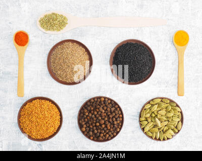 Diverse le spezie e le erbe impostato su sfondo concreto nella piastra di argilla e cucchiaio. Moderno speziale, naturopatia e ayurveda concetto. Foto Stock
