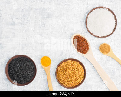 Spezie su calcestruzzo sfondo nero, cumino, fieno greco, curcuma, Masala, scaglie di noce di cocco, la senape e le erbe in lastra di argilla e cucchiaio. Foto Stock