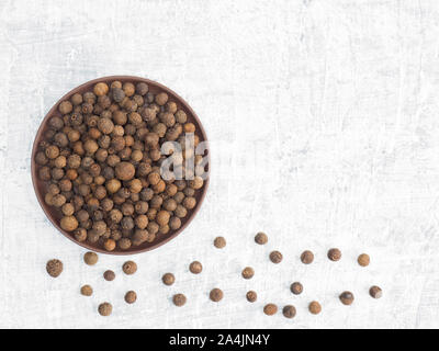 Spezie ed erbe contribuiscono a mantenere in buona salute e a migliorare l'appetito, vista dall'alto sul cemento bianco sullo sfondo. Pepe della Giamaica. Moderno speziale, naturopatia e un Foto Stock