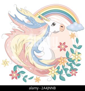 Unicorn faccia. Pony belle facce unicorns, corno magico in arcobaleno ghirlanda di fiori e pony simpatico testa di ciglia, fairytale arcobaleno cartoon magica isola Illustrazione Vettoriale