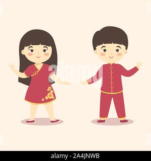 Carino bambini cinesi Boy Girl Costume per il nuovo anno cinese vettore Cartoon Illustrazione Vettoriale