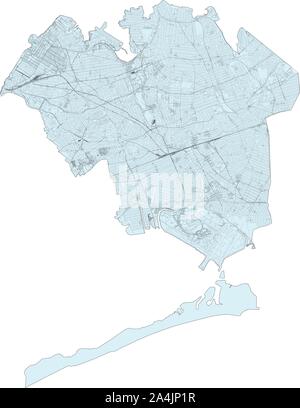 Mappa satellitare di New York City, Queens, Stati Uniti d'America. Mappa di strade, tangenziali e autostrade, fiumi, linee ferroviarie. Mappa di trasporto Illustrazione Vettoriale