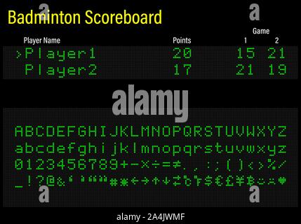 LED digitale elettronica font, lettere, numeri e simboli illustrazione vettoriale per pannello airport, informazioni sui treni e sport scoreboard - carattere verde Illustrazione Vettoriale