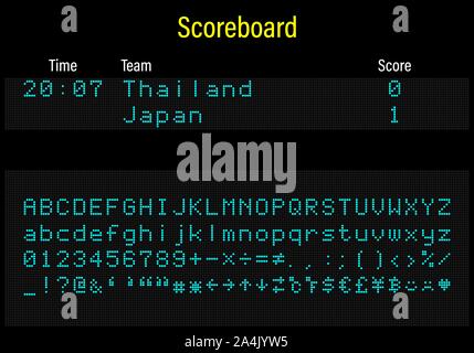 LED digitale elettronica font, lettere, numeri e simboli illustrazione vettoriale per pannello airport, informazioni sui treni e sport scoreboard - il carattere blu Illustrazione Vettoriale