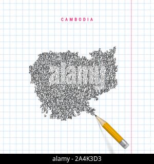 Cambogia schizzo scribble mappa tracciata sulla scuola a scacchi notebook lo sfondo della carta. Disegnata a mano mappa vettoriale della Cambogia. 3D realistiche Matita con gomma. Illustrazione Vettoriale