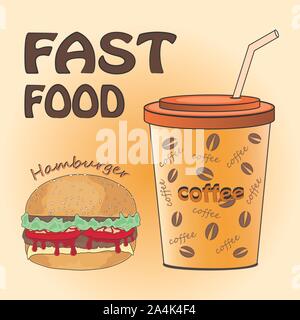 Il fast food poster con hamburger e caffè. illustrazione vettoriale. Illustrazione Vettoriale