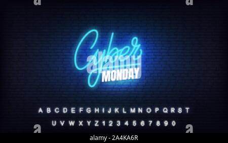 Cyber lunedì neon. Lettering incandescente firmare per la vendita on line di sconto promozione Illustrazione Vettoriale
