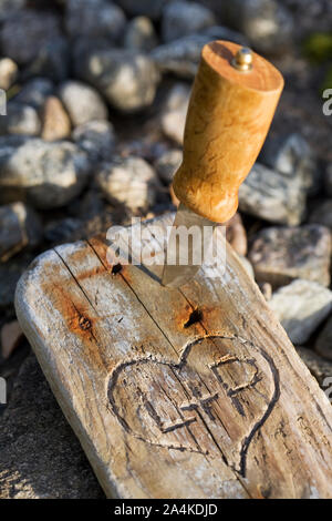 Cuore scolpito sul vecchio plank Foto Stock