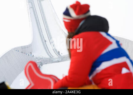 Donna tifo alla Coppa del Mondo di sci, Norvegia Foto Stock