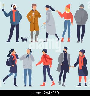 Set di vettore di caratteri la gente indossa abbigliamento invernale . Stagionale elementi di design set per Natale e Anno nuovo banner, poster, scheda, presentazione, w Illustrazione Vettoriale