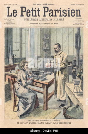 Marie Curie (1867-1934) e Pierre Curie (1859-1906) mostrato conducendo un esperimento sul coperchio del Le Petit Parisien illustrato supplemento letterario 10 gennaio 1904 in onore del loro comune di vincita del premio Nobel per le loro ricerche pionieristiche sulla radioattività poco prima nel 1903. Borse Marie Curie di ospitalità è stata la prima donna ad essere insignito di un premio Nobel. Foto Stock