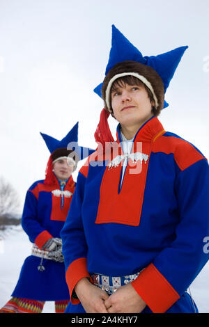 Laplander ragazzi. Lapp / Lapps / Laplander / Lapponi / Lapplander Lapplanders / / / Sami stesso in Karasjok, Lapponia / Lappland. Foto Stock