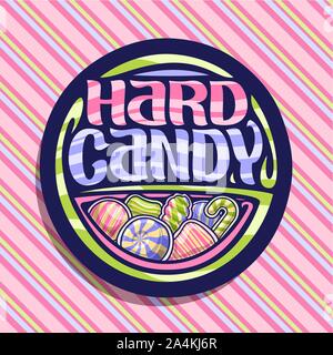 Il logo del vettore per Hard Candy, on dark round segno pila di varietà caduta a strisce caramelle, turbolenza e dolci di Natale la bacchetta di canna, spazzola originale carattere tipografico fo Illustrazione Vettoriale