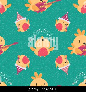 Happy cartoon robins a suonare la chitarra e cantare e ballare con le note musicali overlay texture. Vettore di Seamless pattern in oro, rosso e verde su teal Illustrazione Vettoriale