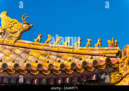 Close-up del golden piastrelle tetti della Città Proibita,l'ex palazzo imperiale cinese della dinastia Ming alla fine della dinastia Qing, t Foto Stock