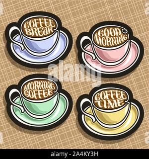 Set di vettore di colorate tazze da caffè, carattere tipografico originale per auguri di buona mattina scritta sulla superficie del caffè espresso, 4 tazze e piattini di sinistra-hande Illustrazione Vettoriale